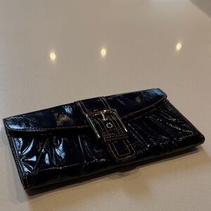 L. Erickson Trifold Envelope Style Patent Leather Black Clutch with Buckle